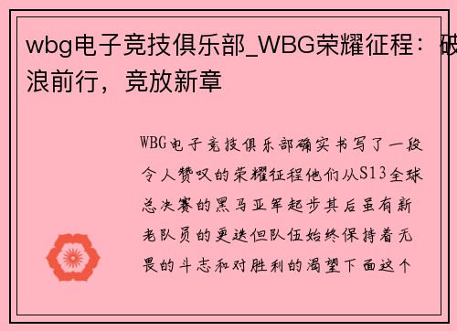 wbg电子竞技俱乐部_WBG荣耀征程：破浪前行，竞放新章