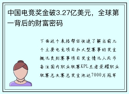 中国电竞奖金破3.27亿美元，全球第一背后的财富密码
